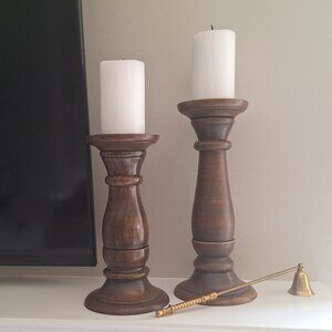 2 wood pillar candle holders ( sorry candles & brass snuffer *not* included )
